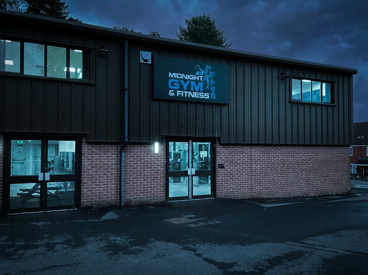 Midnight Gym & Fitness exterior at dusk in Wells