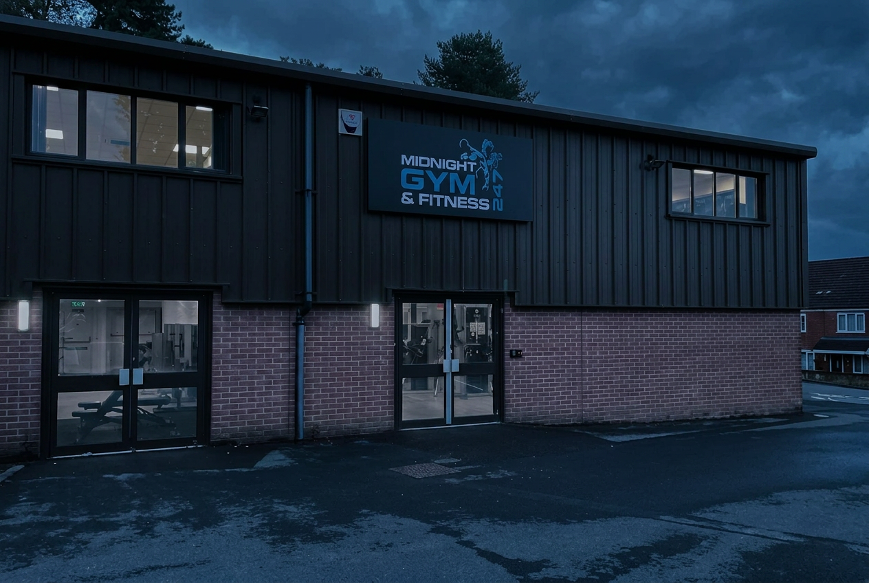 Midnight Gym and Fitness exterior at dusk in Wells